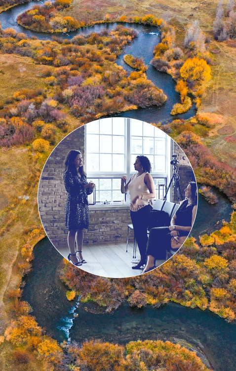 A photo of a winding river with Heather Corallo in a circle talking to a women